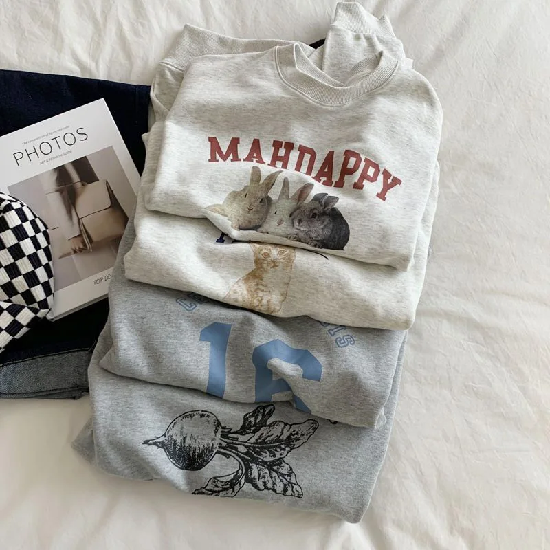 

2022 американская Осенняя серая футболка в стиле ретро с цветочным принтом и круглым вырезом, женские свободные универсальные повседневные топы с длинным рукавом и мультипликационным принтом для пар