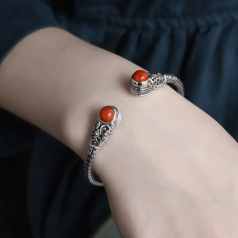 

Браслет женский из старого резного Южного красного агата ручной работы в стиле ретро, характерный Серебряный браслет для матери, браслеты в подарок Y2k