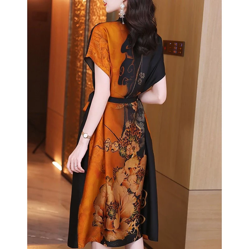 Модное шелковое винтажное платье с воротником-стойкой и пуговицами женская