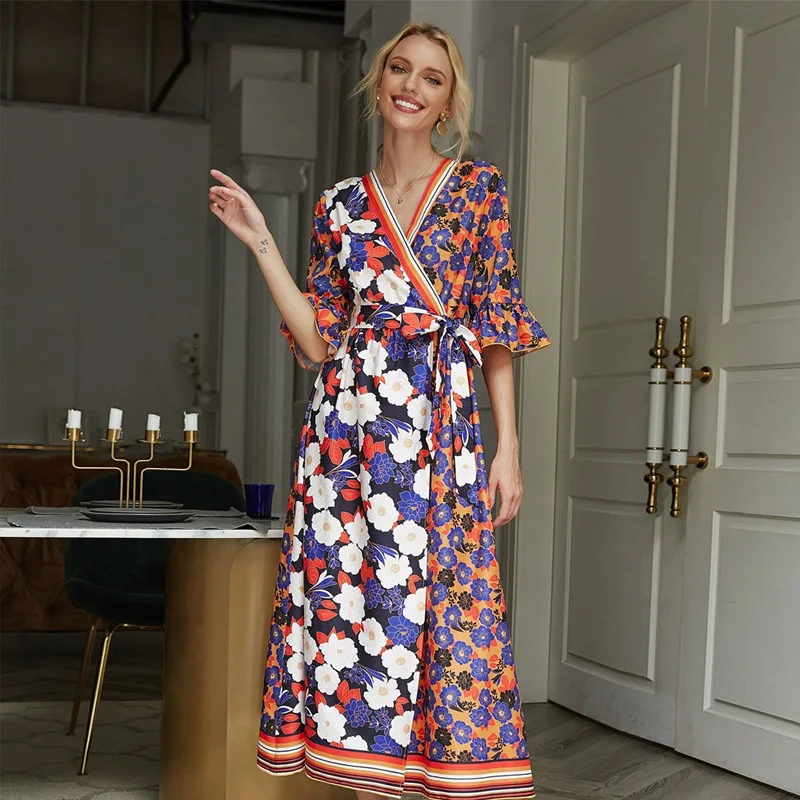 

Elegant V-neck Dress for Women Lotus Short Sleeve Holiday Party Dress High Waist Lace-up Print Dress Summer Dress Women Clothing