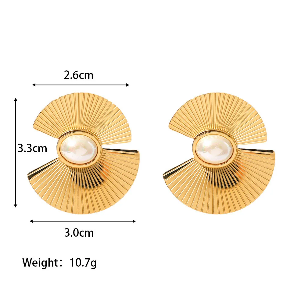 Stainless Steel PVD 18K Gold Plated Tarnish Waterproof Pearl Inlay Irregualr Fan Earring  For Woman Jewelry Wholesale Trendy