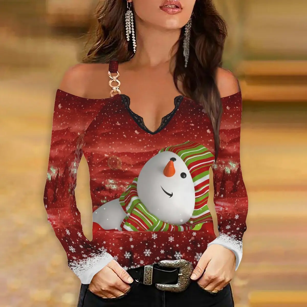 

Snake Yx Women's Fall New Christmas Snowman Print Fashion Casual V Neck Sling Off Shoulder Long Sleeve Top Plus Size XXS-10XL