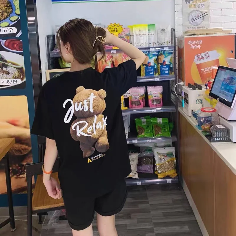 

European and American fashion brand spoof cartoon teddy bear short sleeve t-shirt men and women ins lovers loose cotton half