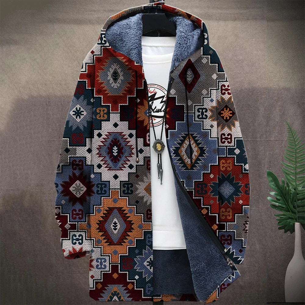 Men'S Native Retro Aztec Block Graphic Winter Coat Print Pattern Knitted Sweater Cardigan Zipper Hooded Thick Fleece For Youth