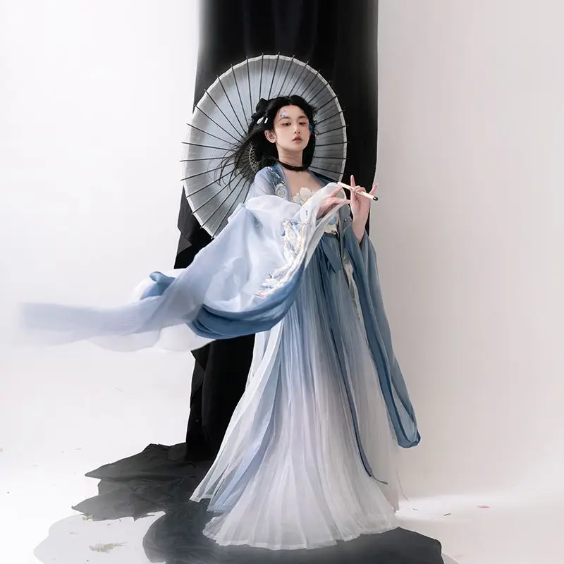 Женская голубая юбка Hanfu с вышивкой рубашка большим рукавом и принтом на весну
