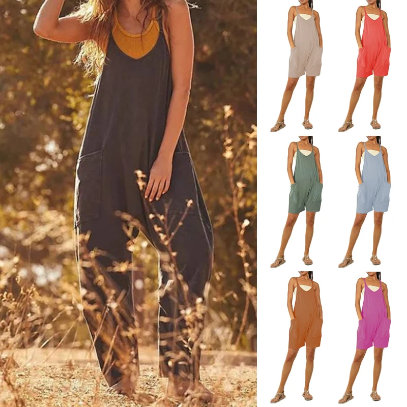 European American Baggy Women's Jumpsuit Suspenders Summer Loose Casual Large Lady Pocket Vest Harem Trousers Romper Bib Pants