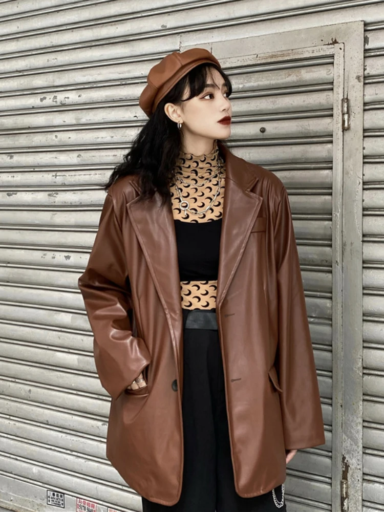 Korean Black Leather Moto Jacket Women Vintage Warm Loose Chic Leather Blazers Female Streetwear Fashion Casual Coat 2022 Autumn