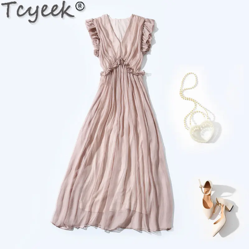 

Женское шелковое платье Tcyeek, Элегантное летнее платье без рукавов, 2023 шелк тутового шелкопряда, 100%