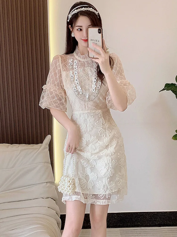 

Новое летнее платье во французском стиле с алмазной вышивкой, женское платье с воротником-стойкой и пышным коротким рукавом, тонкое трехмерное платье с цветочным рисунком