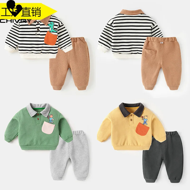 New Baby Autumn Winter Clothing Set Boys Cartoon Lapel Sweatshirt with Pants Sport Suit Tracksuit Infant Kids Casual Sportswear