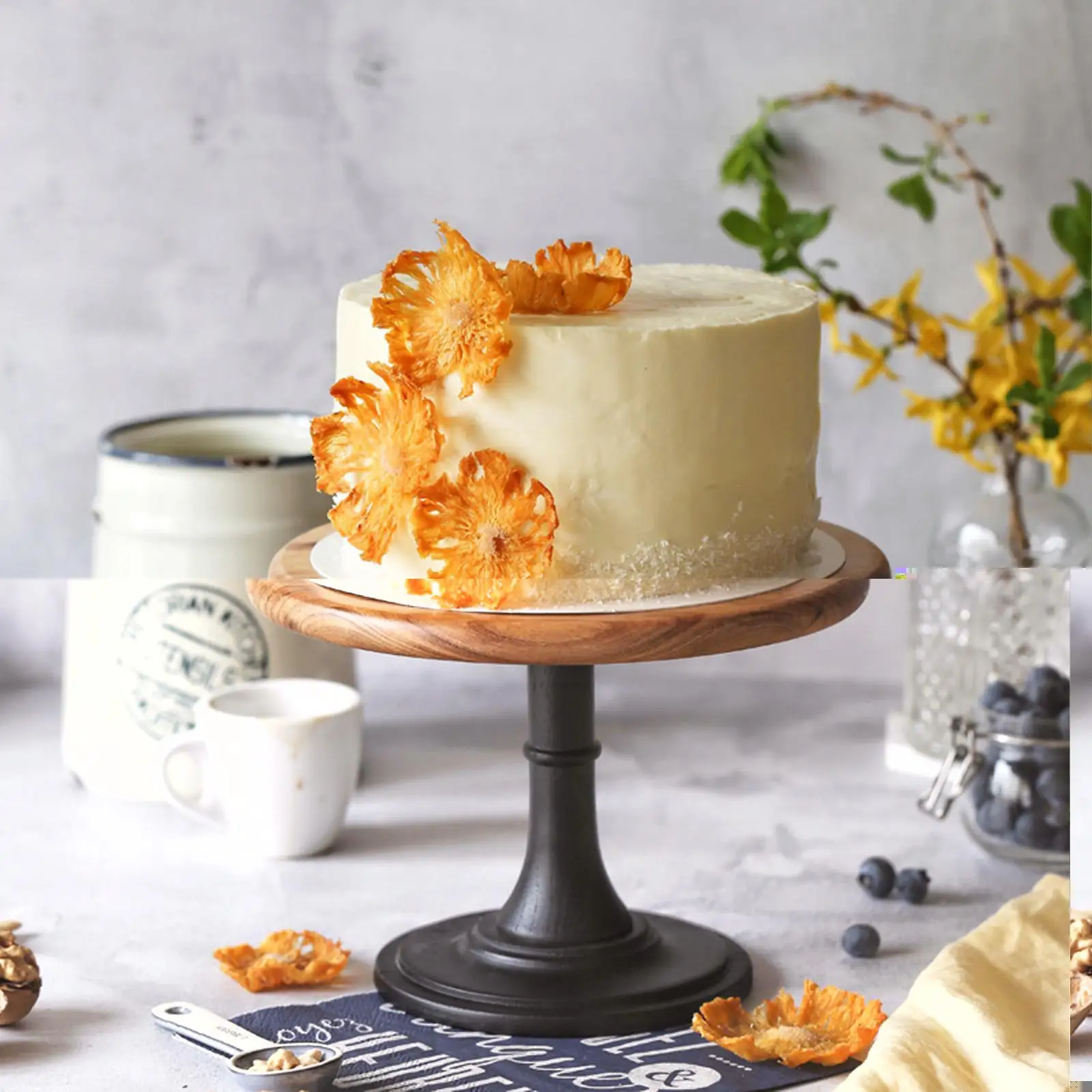 

Natural Wood Cake Stand Round Dessert Cupcake Holder Display Plate With Black Wedding Inch Base 6/8/10 Birthday Pedestal T9G9