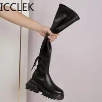 Sexy Leather Thigh High Boots Women High Heels Over The Knee Boots for Women Round Toe Party Long Shoes Cross-tied