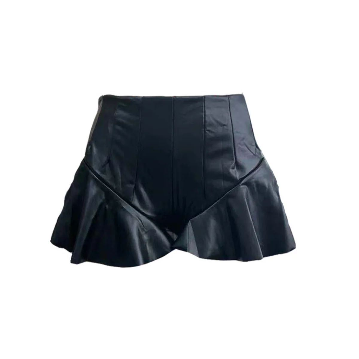 Black PU Leather Zipper Biker Shorts Women Fashion Sexy High Waist Pleated Ruffles Pant Skirt Casual Female Y2k Matching Bottoms