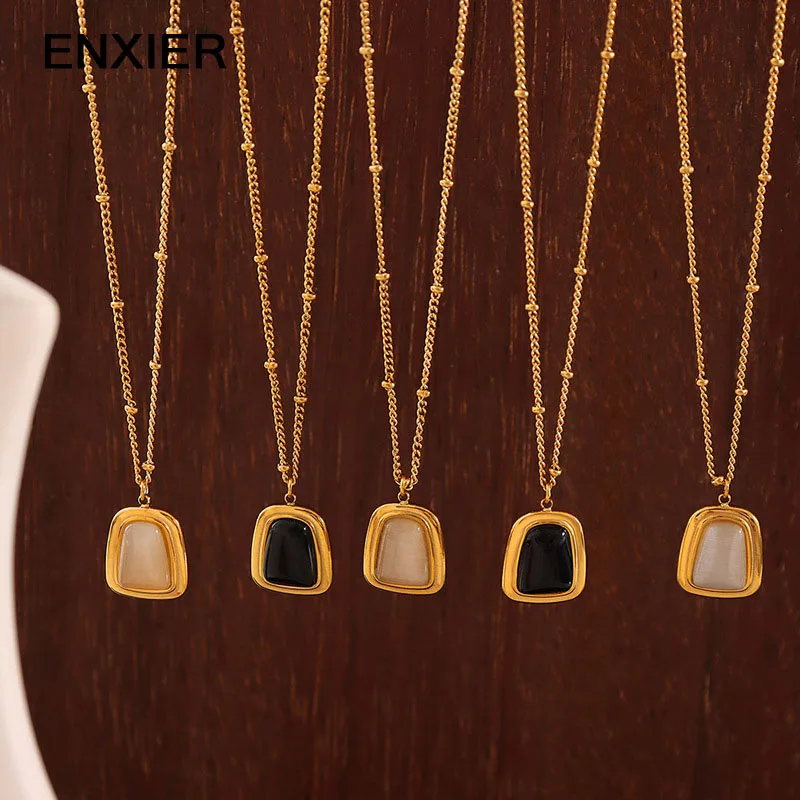 

ENXIER Retro Luxury Natural Stone Pendent Necklace For Women Men 316L Stainless Steel 18k Golden Plated Chain Ladies Jewelry