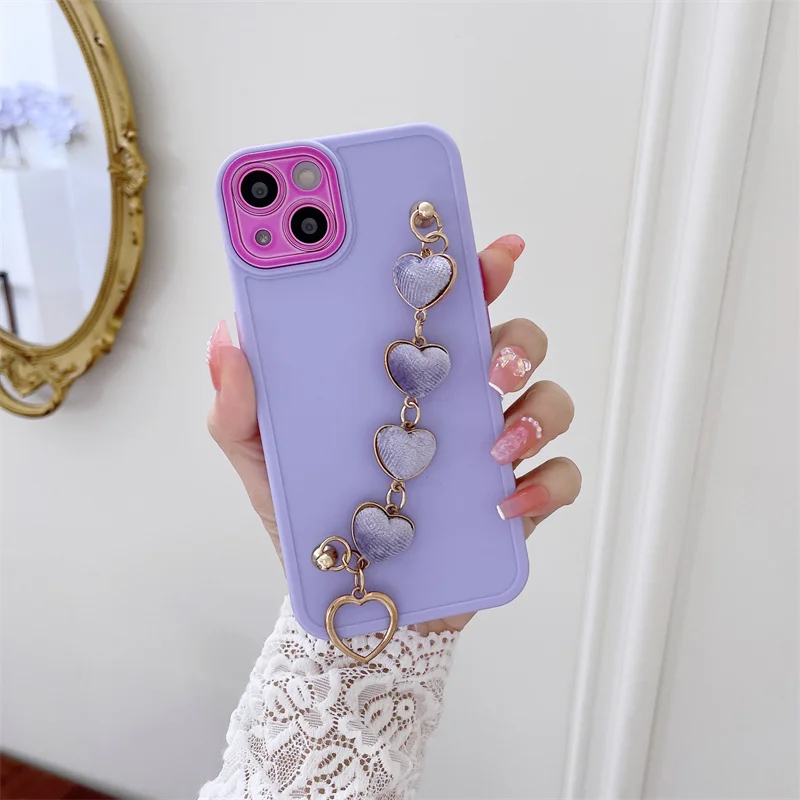 

Luxury Heart Metal Bracelet Phone Chain Case For Samsung Galaxy S22 S21 S20 FE A73 A53 A52 A33 A22 A23 A12 5G A21S Cover for A13