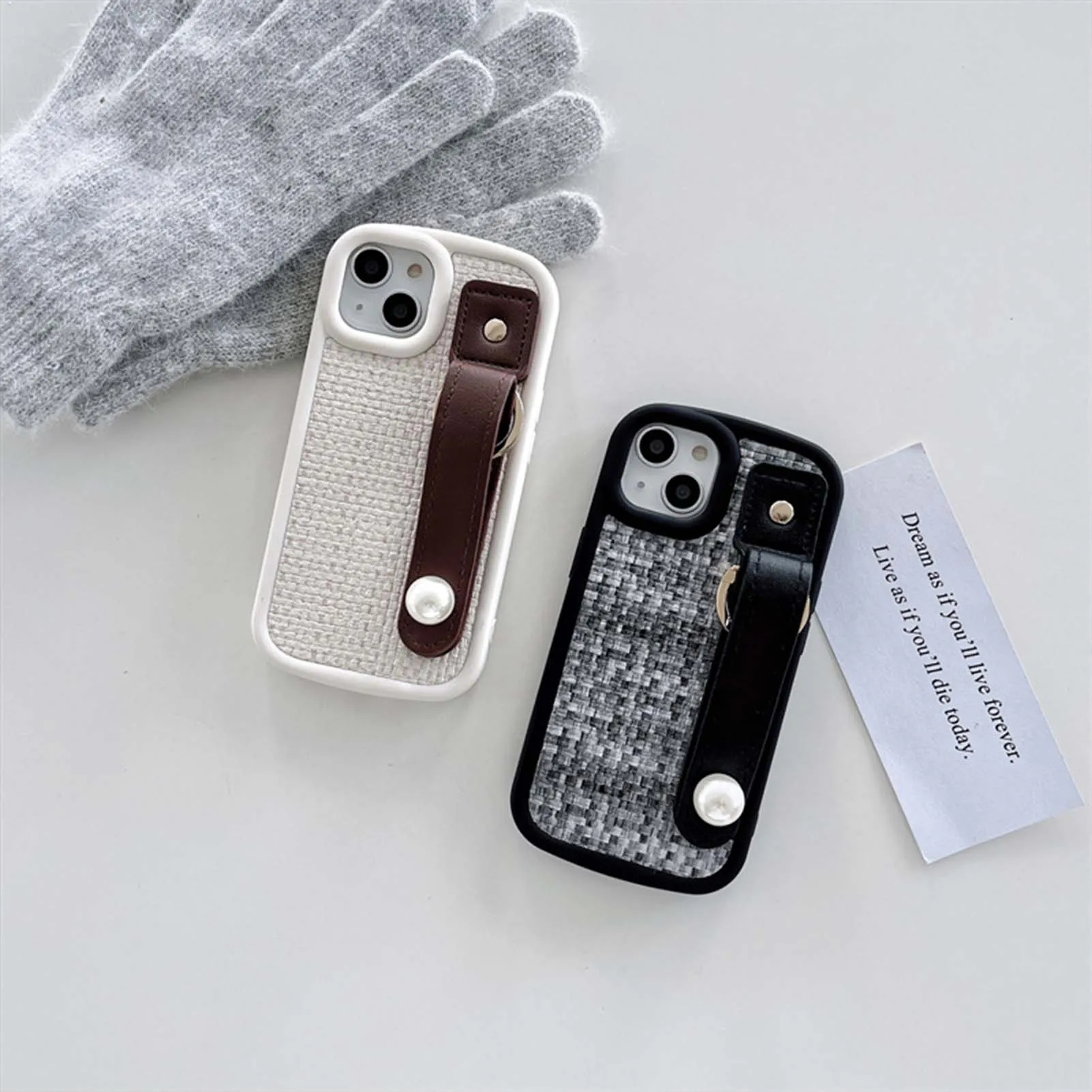 Классический тканевый чехол для телефона с плетеным узором для iPhone 14 Plus 13 12 11 Pro с жемчужным кожаным ремешком элегантная мягкая задняя крышка