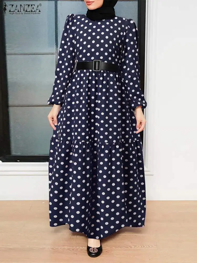 

ZANZEA Polka Dots Printed Muslim Dress O-Neck Long Sleeve Dresses Bohemian Casual Elegant Vestidos Vintage Abaya Kaftan Robe