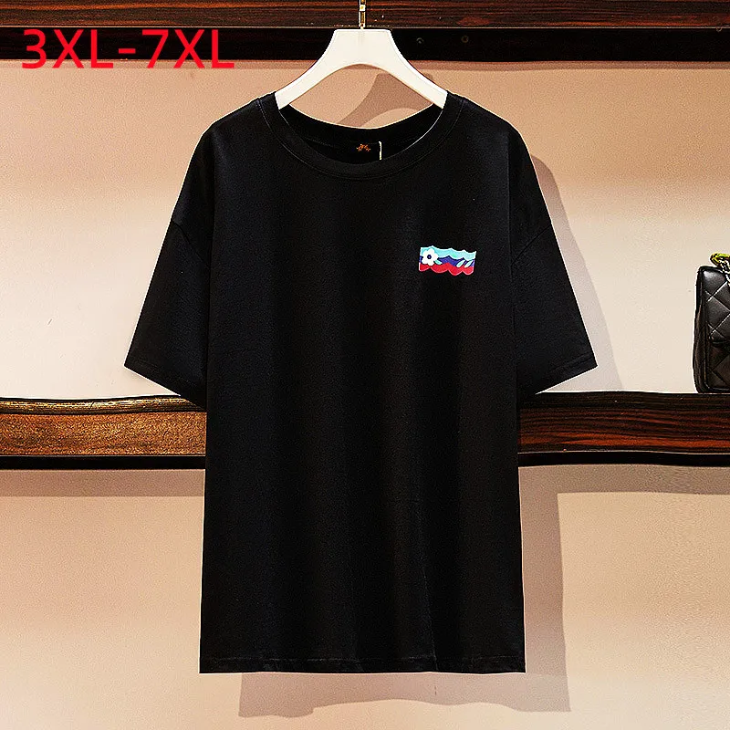 

Женская футболка с принтом, черная свободная футболка из хлопка с коротким рукавом, размеры 3XL, 4XL, 5XL, 6XL, 7XL, Новинка лета 2022