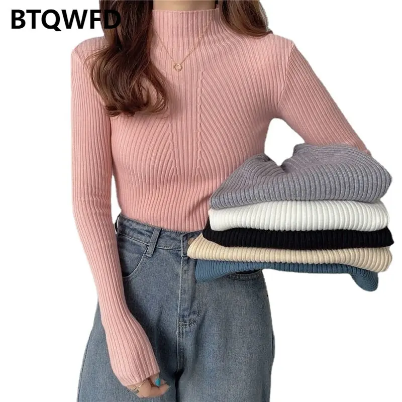 Pullover Half Turtleneck Sweater 2022 New Women Autumn Winter Long Sleeve Slim Elastic Korean Simple Solid Color Female Clothing