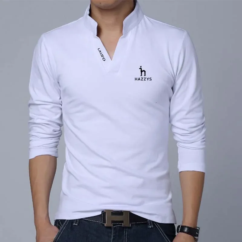 

Men Golf Polo HAZZYS Tops Solid Color Slim Fit Long Sleeves V Neck Pullover Casual Cotton Spring Shirt Clothes Men's T-Shirts
