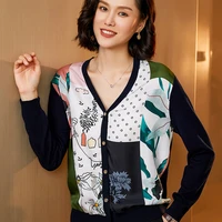 new spring mulberry silk shirt cardigan womens knitted stitching sweater coat printing fashion all match small shirt