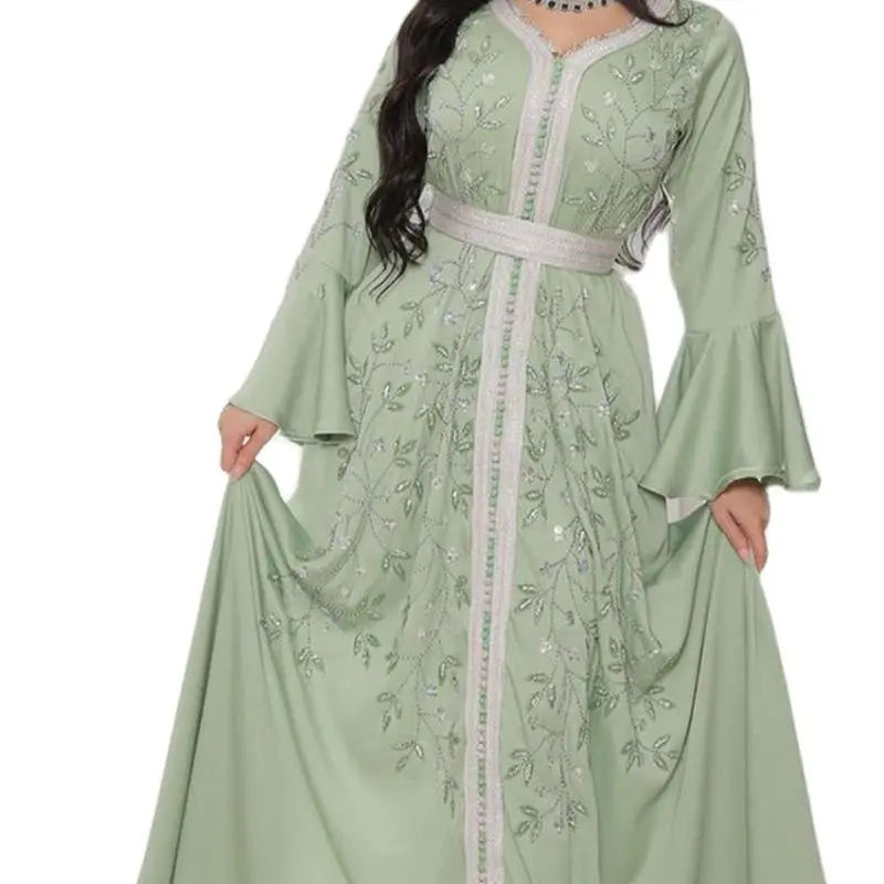 India Turkey Muslim Abaya Dresses Women Elegant Diamond Wedding Evening Party Dress Lace Belted Jilbab Abaya Morocco Caftan Robe
