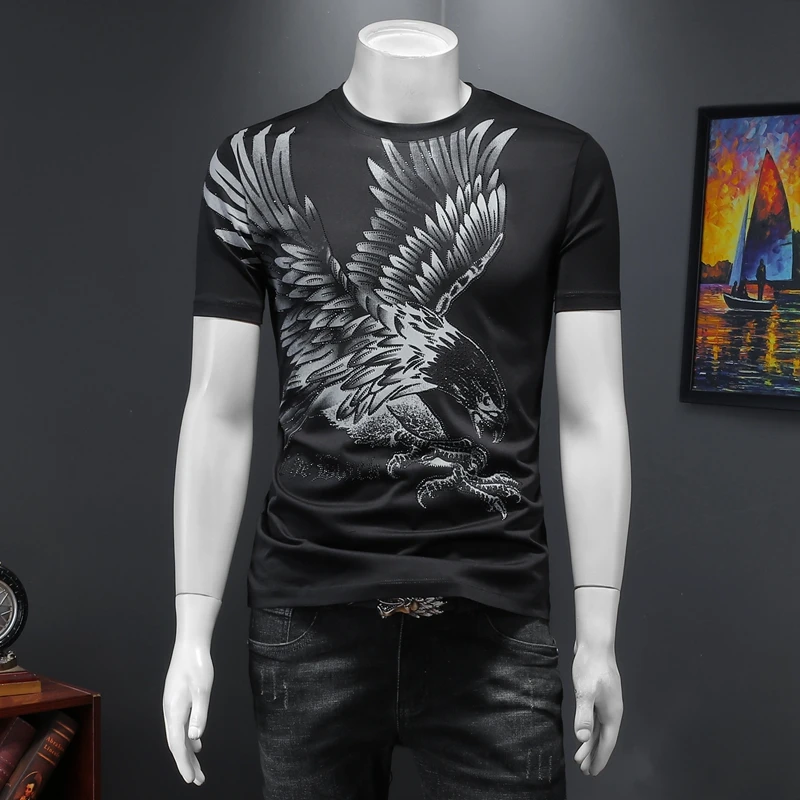 

2022 Summer T Shirt Men Eagle Rhinestones Short Sleeve T Shirts Streetwear Social Casual O-neck Tops Tees Men Clothing