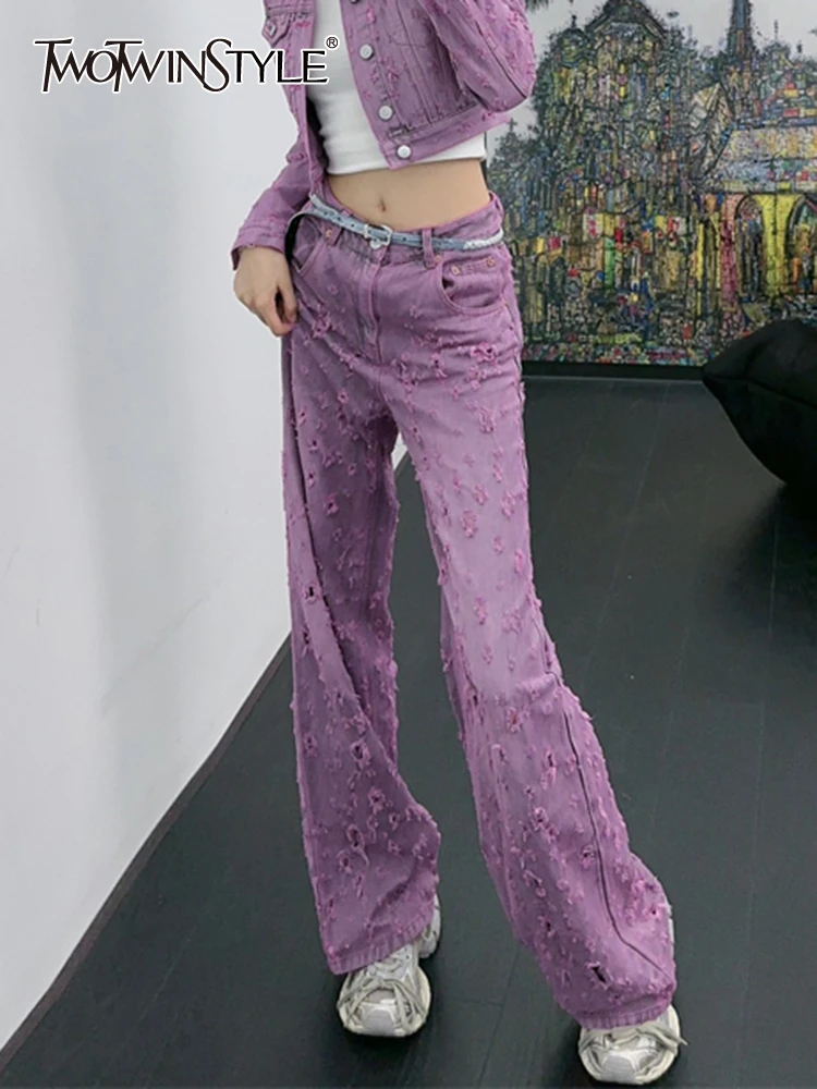

TWOTWINSTYLE Hole Hollow Out Jeans For Women High Waist Solid Loose Patchwork Pocket Streetwear Denim Wide Leg Pant Female 2023