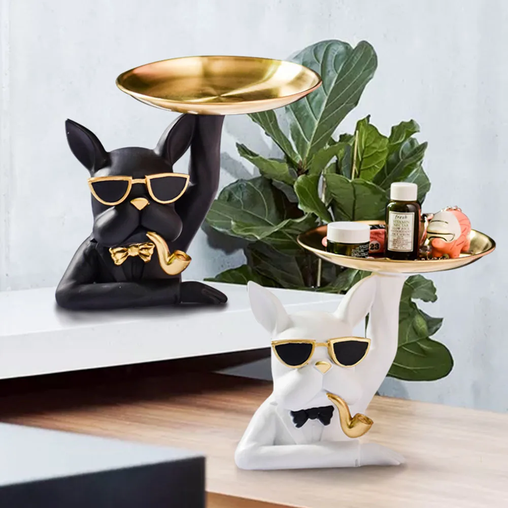 

Nordic French Bulldog Sculpture Statue Modern Resin Dog Figurine Key Storage Holder Plate Glass Snack Tray Table Organizer Decor