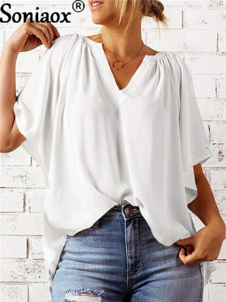 Женская винтажная рубашка с V-образным вырезом однотонная блузка рукавом до