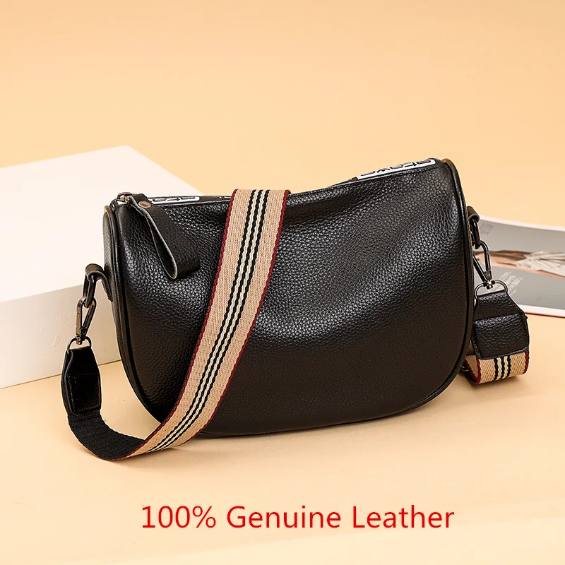 

Vintage Half Moon Bag 100% Genuine Leather Luxury Brand Handbag Wide Strap Crossbody Bag Shoulder Bag For Fashion Soft Women Bag