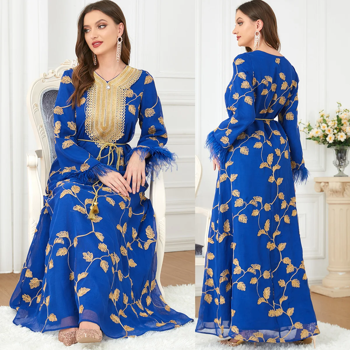 Middle East Arab Islamic Spring and Autumn Dress New Women Muslim Fashion Dubai Long Sleeve Gilded V-Neck Dress Robe Hijab Qatar