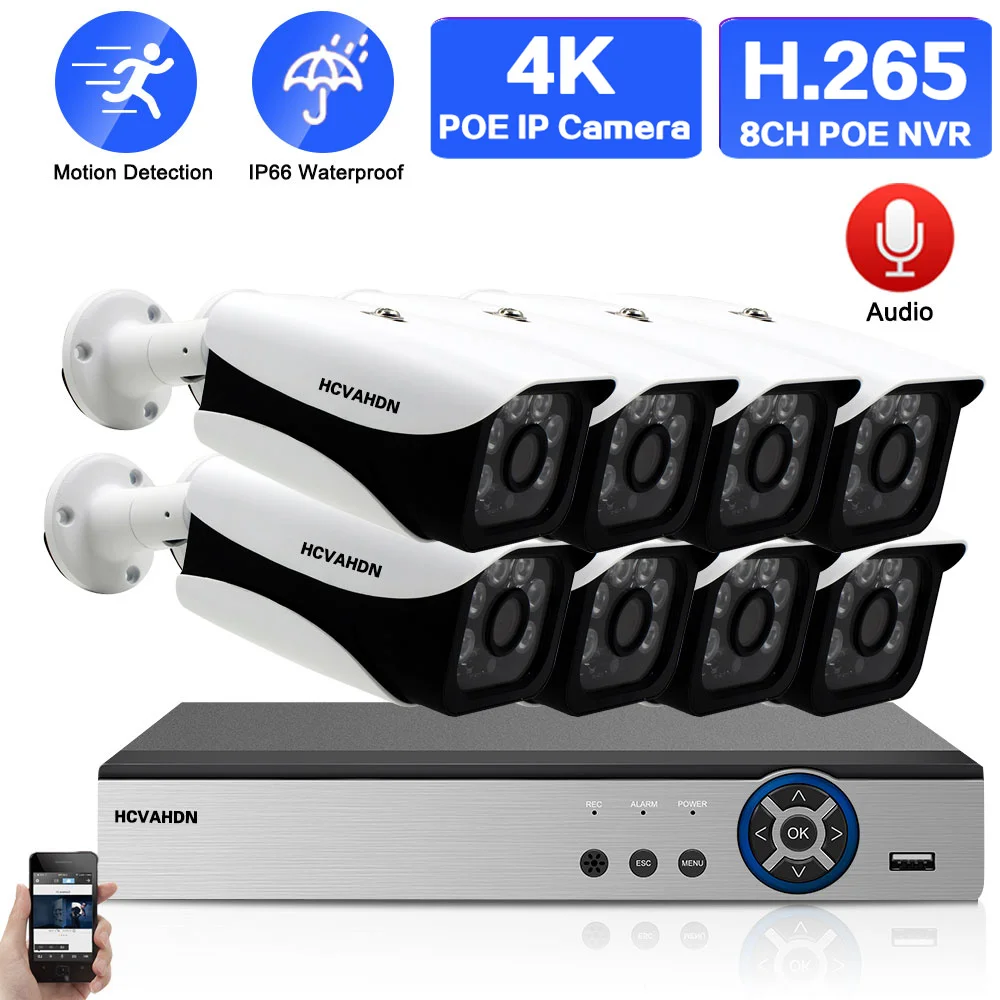

Комплект уличных камер видеонаблюдения, NVR Ultra HD POE IP 4K 8 Мп, уличная цилиндрическая камера, комплект видеонаблюдения 8 каналов H.265