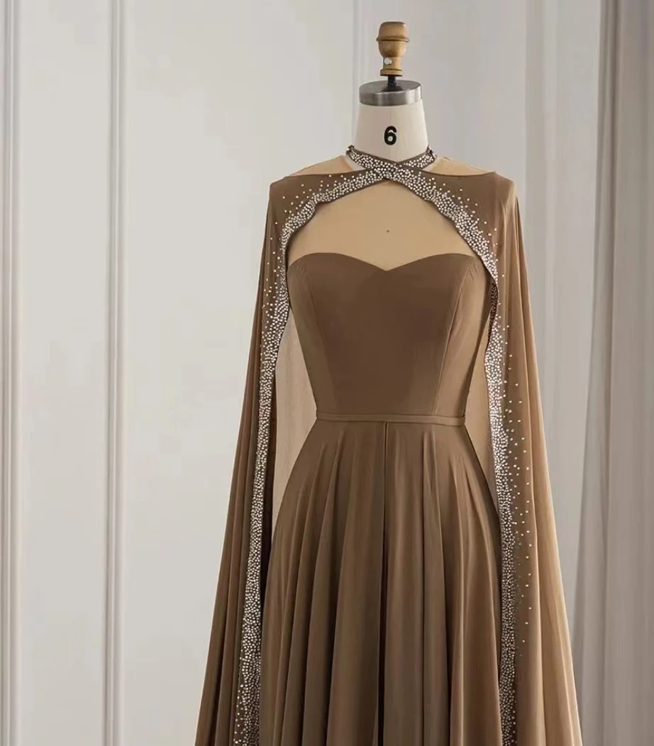 

Champagne Colour Silk Chiffon Prom Dresses Sleeveles With Long Cape Ball Gown Lady Elegant Dress Saudi Arabic 2023