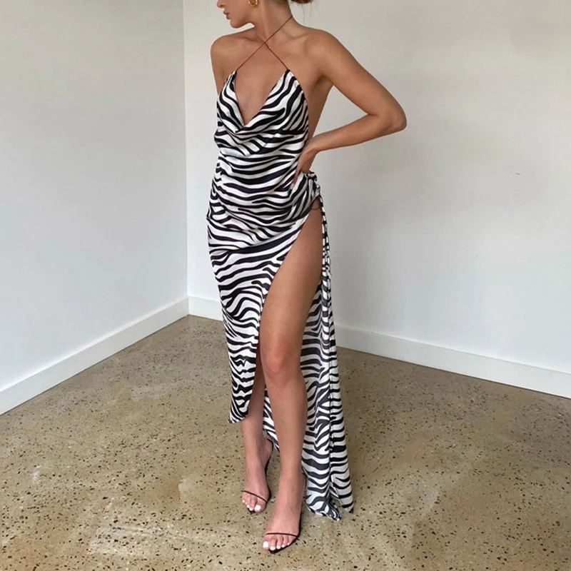 

Sleeveless Backless Halter Slit Zebra Print Sexy Mini Slip Dress Summer Women Fashion Club Outfits