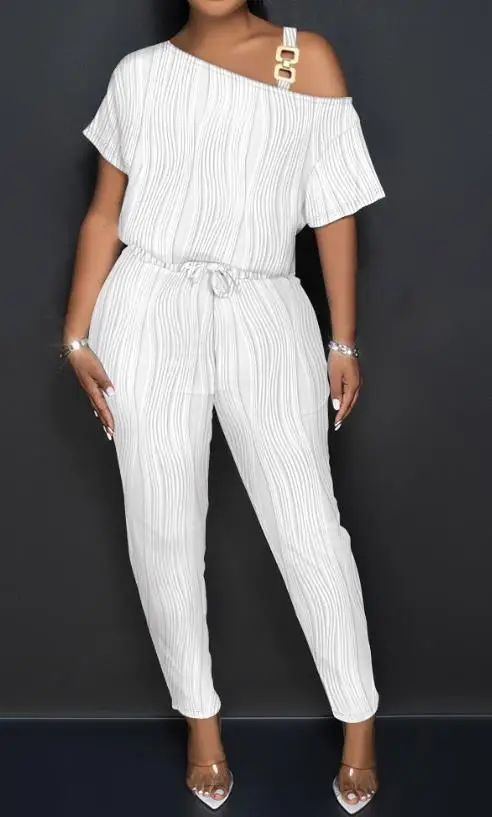 

Jumpsuit Women Summer Fashion Chain Decor Cold Shoulder Tied Detail Casual Plain Short Sleeve Daily Textured Jumpsuit Streetwear
