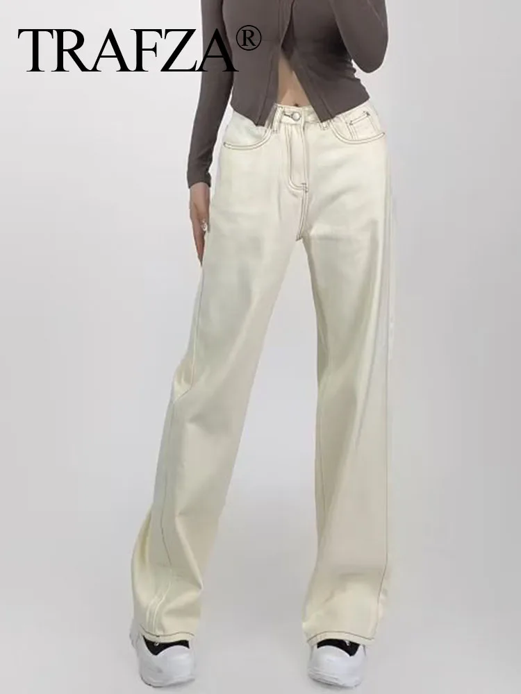 

TRAF ZA Woman Elegant Chic Pocket Buttons Decorate Design Long Jeans Fashion Female Solid Color High Waist Slim Wide Leg Pants