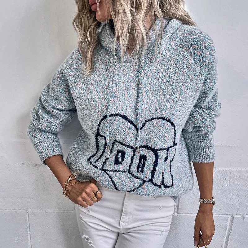 

Hooded Drawstring Knitwear Sweater Tops Female 2022 Autumn Winter Fashion Pullover Loose Lettering Color Contrast Sweater Women
