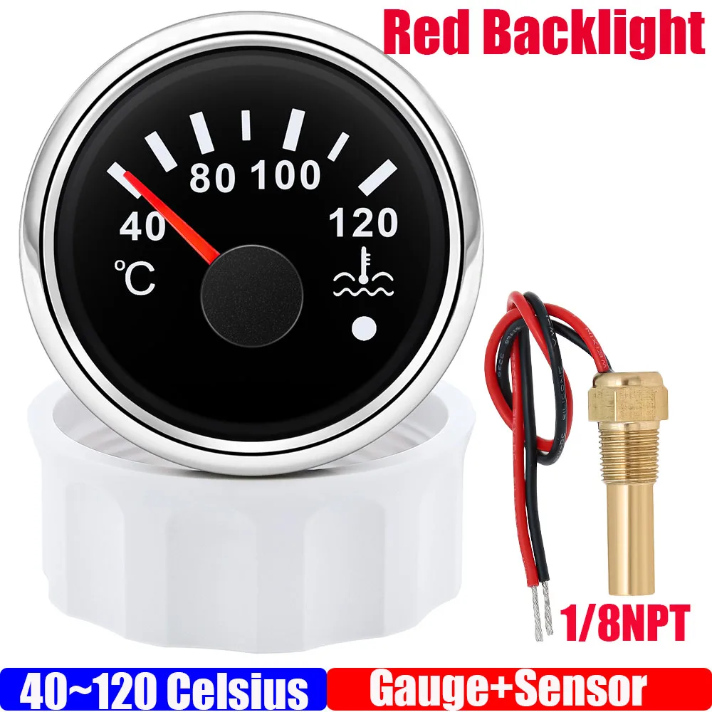

40~120 ℃ 52 мм датчик температуры воды + датчик со вспышкой, водонепроницаемый красный свет, измеритель температуры воды для автомобиля, лодки, 12 В, 24 В, на заказ