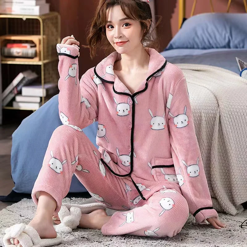 Winter Warm Flannel Pajamas Sets Women Thick Warm Long Sleeve Pyjamas Turn-Down Collar Sleepwear Home Suits Ladies Nightwear