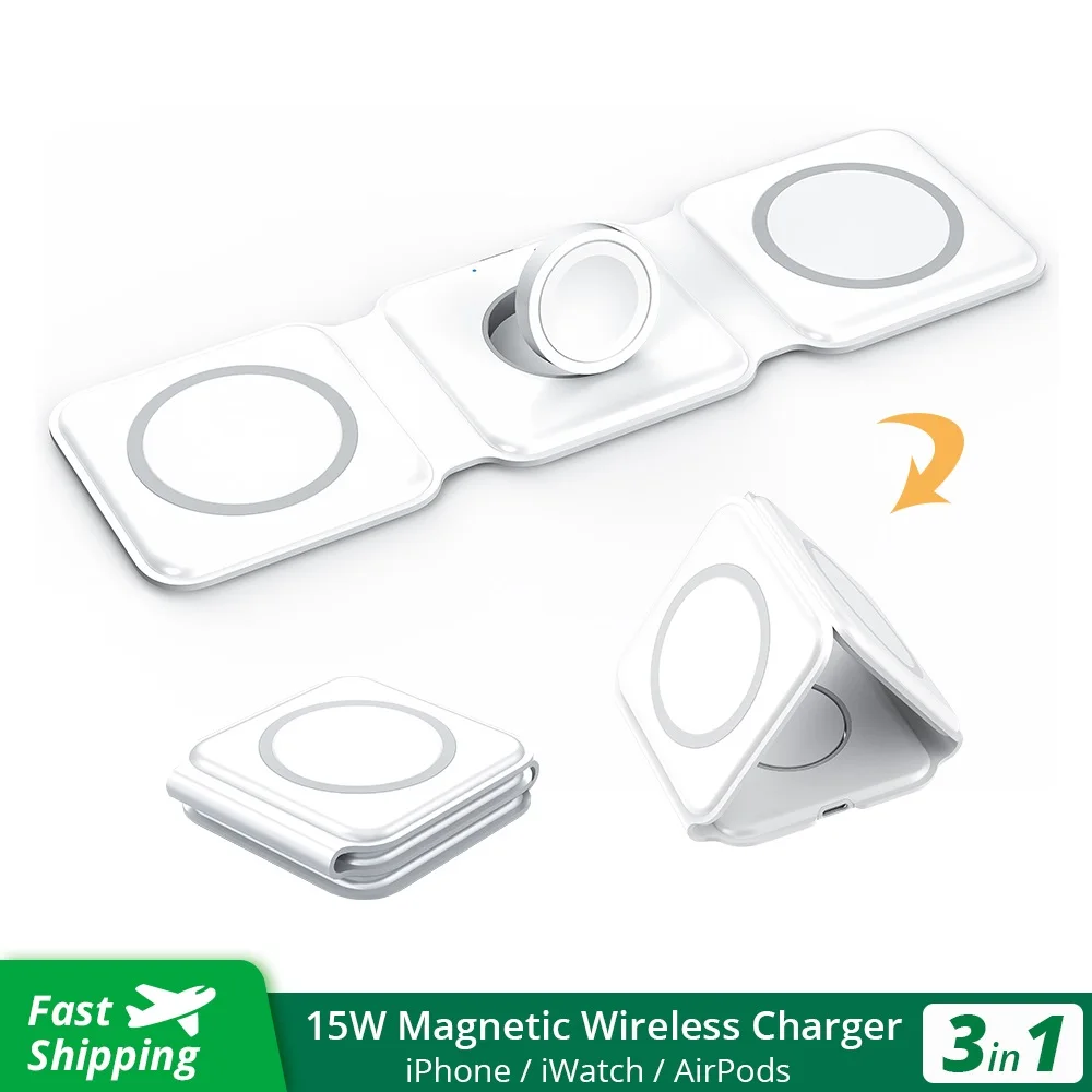 

For iPhone 14 13 12 Pro/Airpods Pro 3/iWatch8 7 6 Portable Fast Chargers ,15W Magnetic Wireless Charger 3 in 1 Stand Foldable