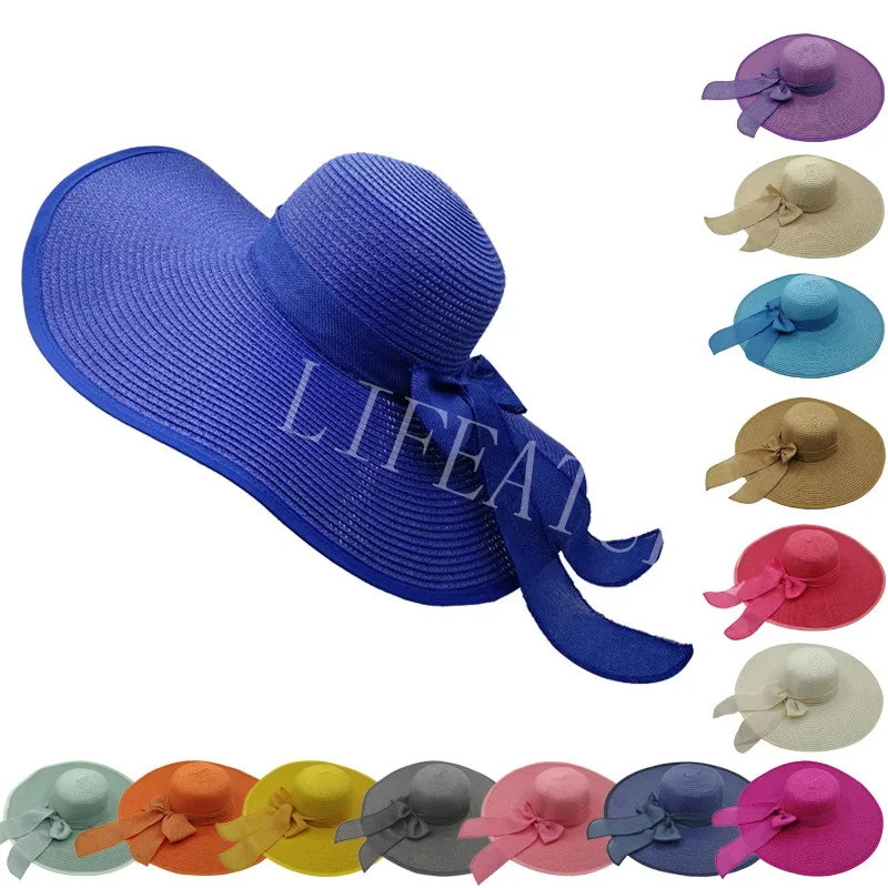 

Summer Women Straw Hat Bowknot Wide Brim Floppy Panama Hats Female Lady Outdoor Foldable Beach Sun Cap