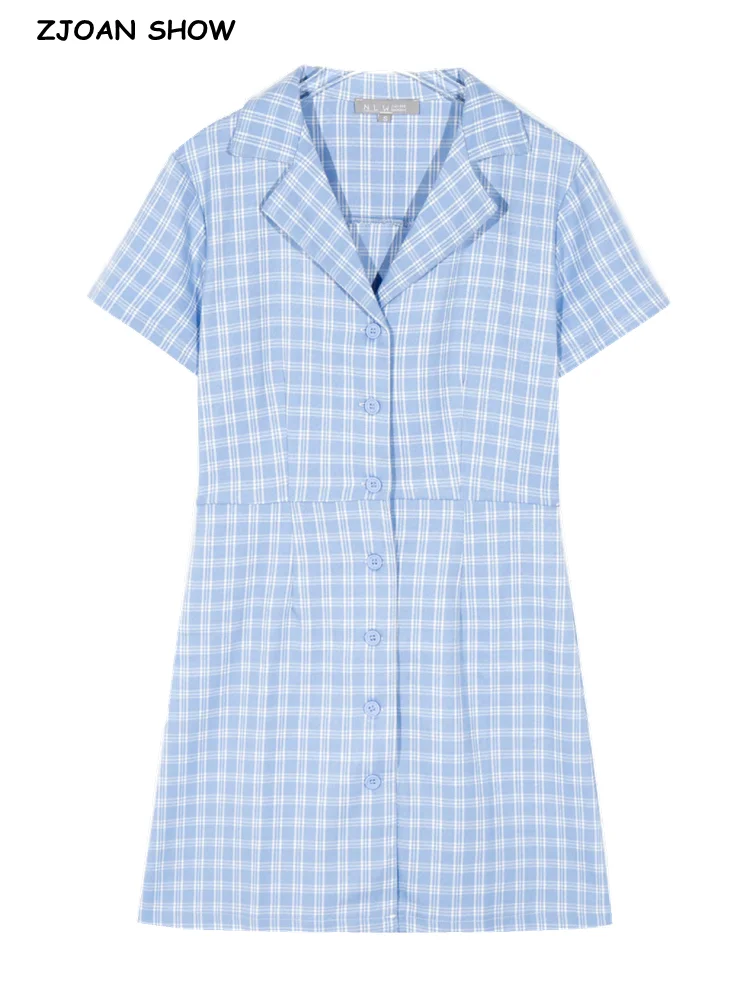 

2022 Retro Women Blue With White Short Sleeve Shirt Dress Back Tide Bow Sashes Single-breasted Buttons Lapel Summer Mini Robe