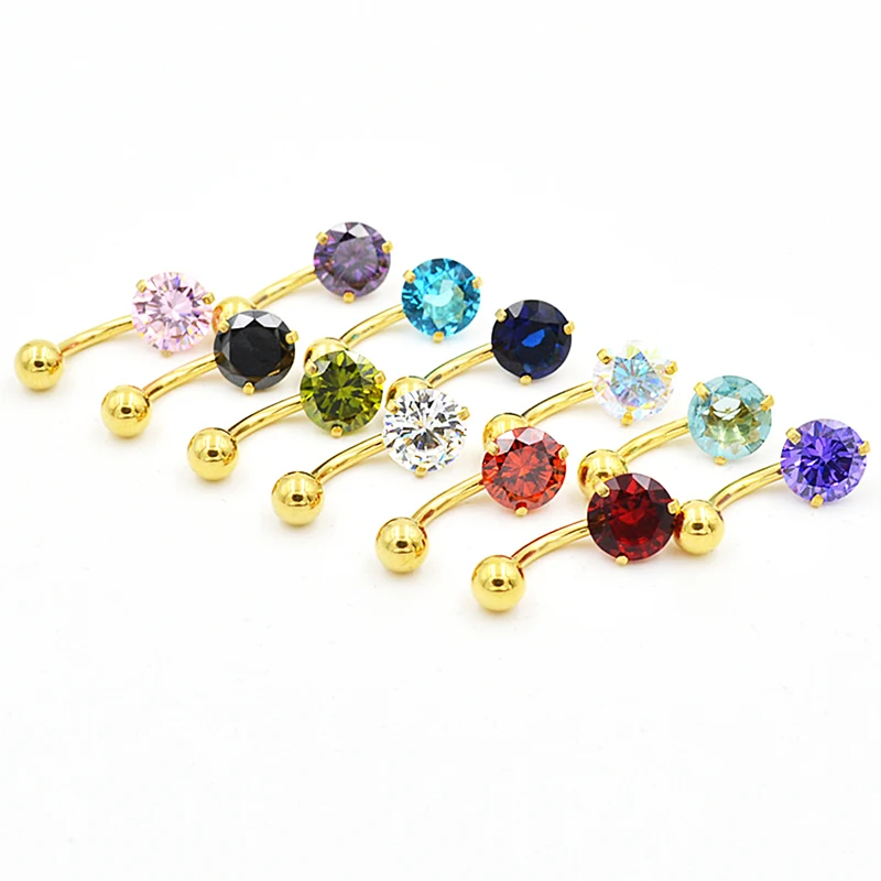 

316L Stainless Steel Vacuum Gold Plated 8mm Round Zircon Navel Ring Body Piercing Jewelry Fashion Style Hypoallergenic