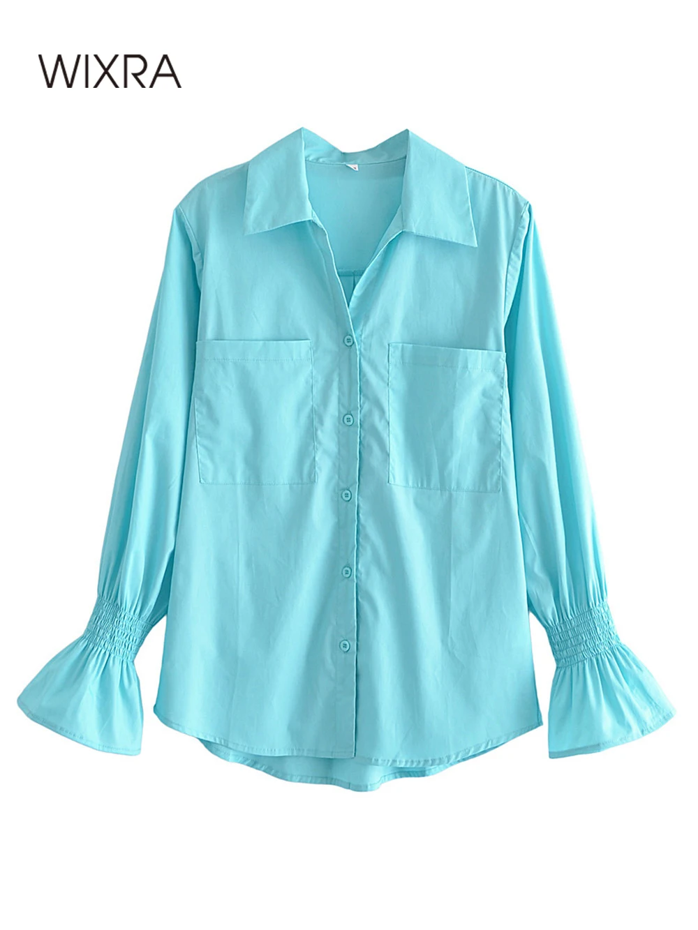 

Wixra Women Blouse Turn-Down Collar Flare Full Sleeve Shirts Pockets Female Spring Summer Casual Top