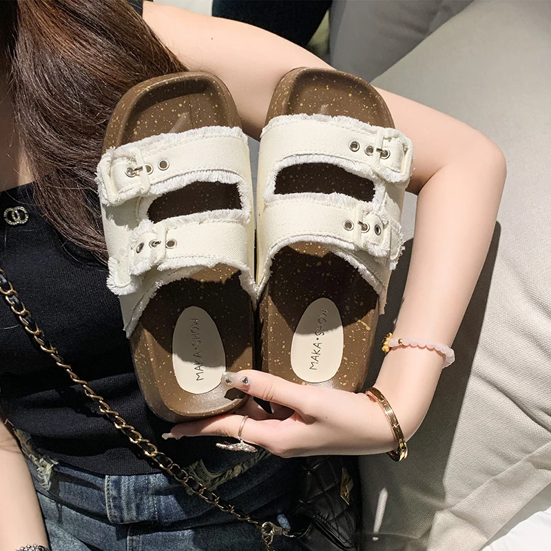 

Шлепанцы женские джинсовые, повседневные сандалии на платформе, каблук средней высоты, роскошные брендовые, модель 2023