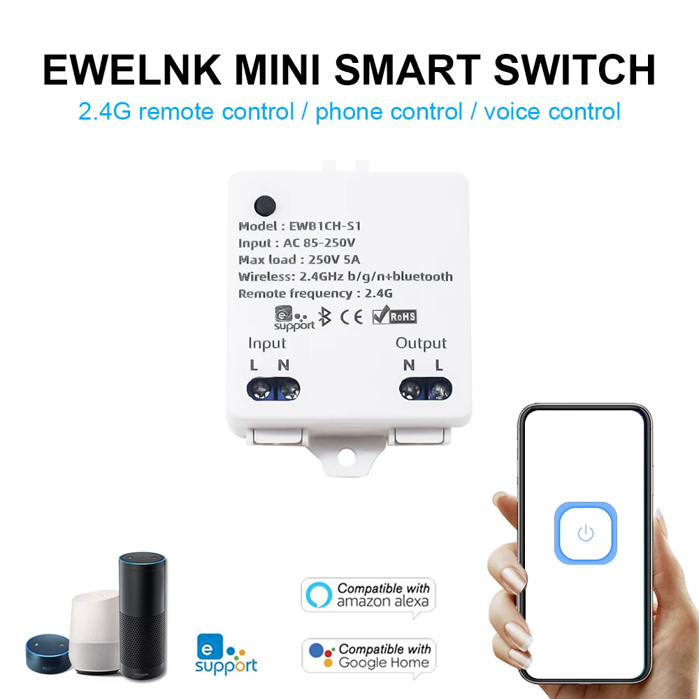 

EWeLink MINI Relay Module Smart Switch 2.4G Remote Control 1CH 80-250V Inching Self-locking Timing Work with Alexa Google Home