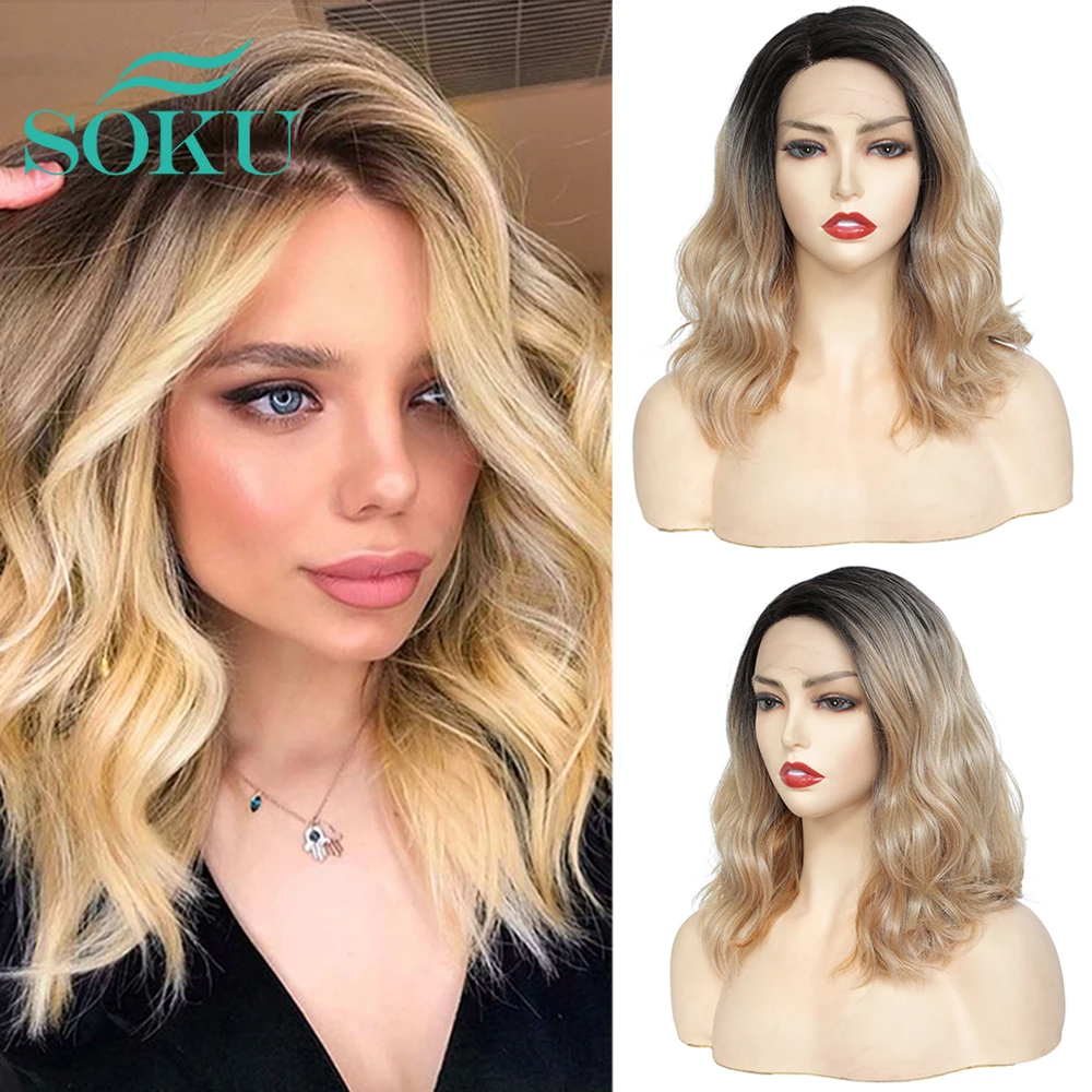 

Short Bob Wigs Synthetic Lace Front Wigs Ombre Blonde Natural Wave Shoulder Length SOKU Deep Invisible Side L Part Wig For Women