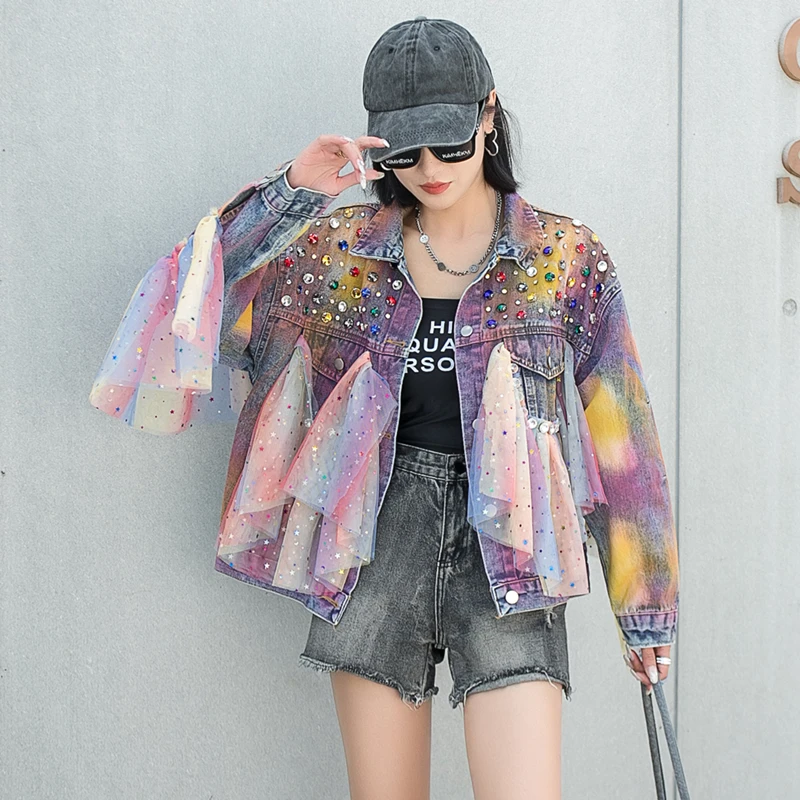 

URIOR Rhinestone Tassel Jean Jacket Loose Fashion Hip Hop Niche Mesh Splicing Denim Short Jacket Coat