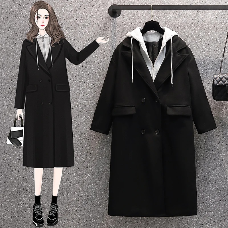 Black Coat Women's Middle Long Spring 2022 New Hooded Coats And Jackets Womens  Korean Women Clothing Women's Fake Two Coats